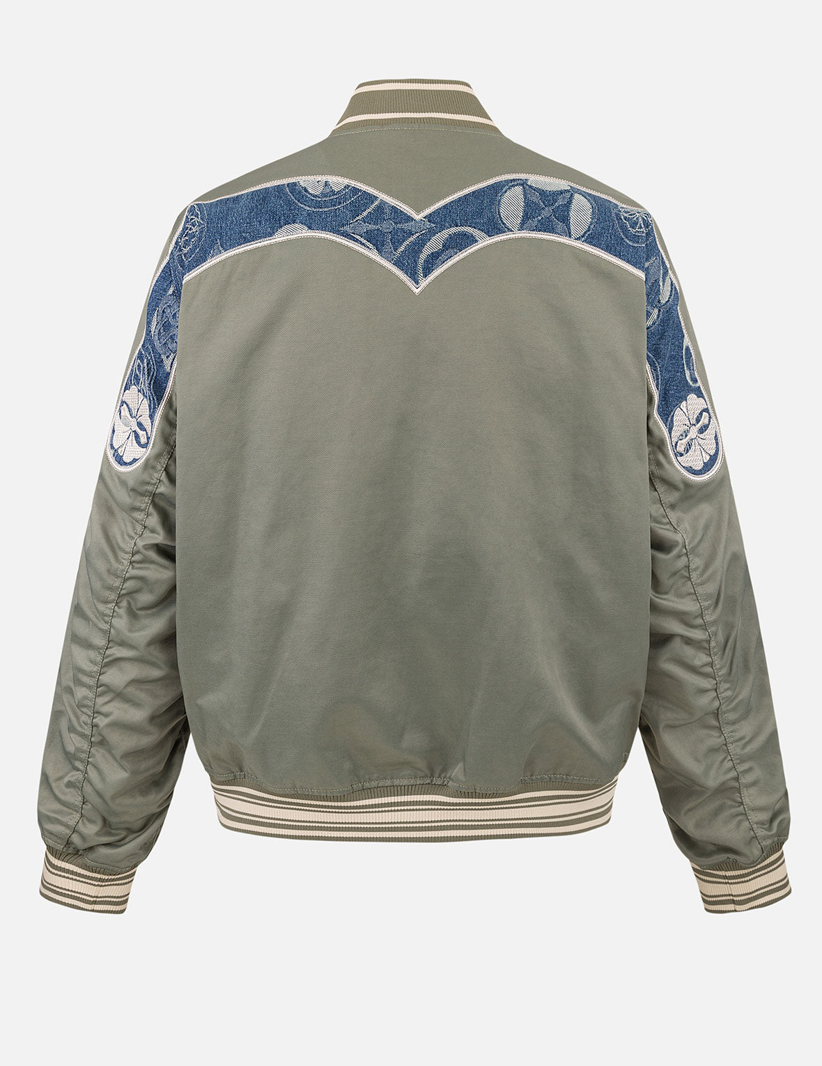 Denim Inserted Daicock with Kamon Embroidery Regular Fit Bomber Jacket